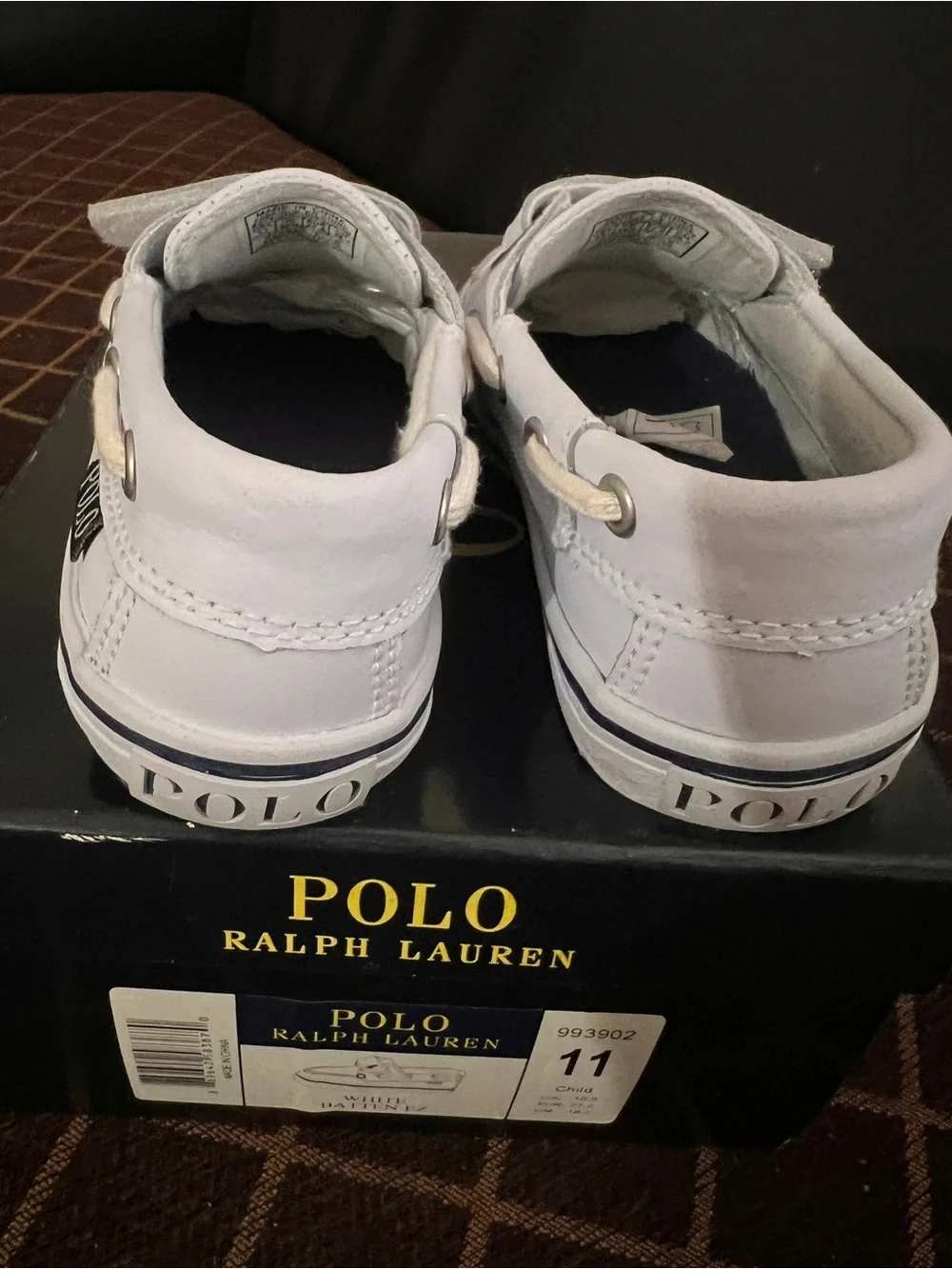 Ralph Lauren White Kids Moccasin Boat Shoes with Navy Polo Logo